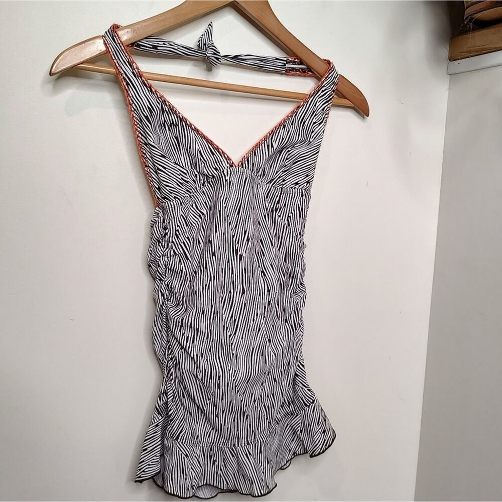 Kenneth Cole Reaction Tummy Control Zebra Print Halter Top Swim Suit Size Small
